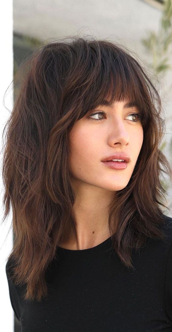 20 Mid Length Hairstyles With Fringe And Layers : Bangs & Mid Length Haircut Intended For Medium One Length Haircut (Photo 17 of 25)