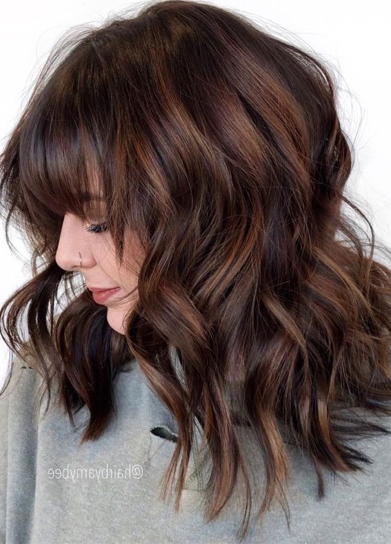 21 Cute Lob With Bangs To Copy In 2021 : Choppy Textured Chocolate Lob Intended For Most Popular Wavy Lob With Choppy Bangs (View 18 of 18)