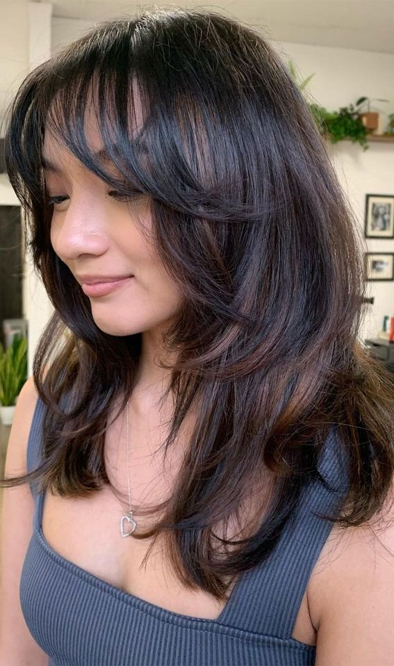 30 Medium Length Haircuts 2022 For All Face Shapes : Layers + Wispy Bangs Pertaining To Newest Wispy Shoulder Length Hair With Bangs (View 14 of 18)