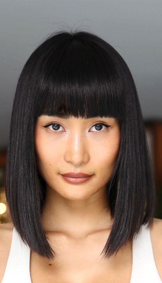 30 Stylish Shoulder Length Haircuts To Try Now : Dark Hair Lob Haircut With  Bangs I Take You | Wedding Readings | Wedding Ideas | Wedding Dresses |  Wedding Theme Intended For Best And Newest Straight Medium Length Hair With Bangs (Photo 11 of 18)