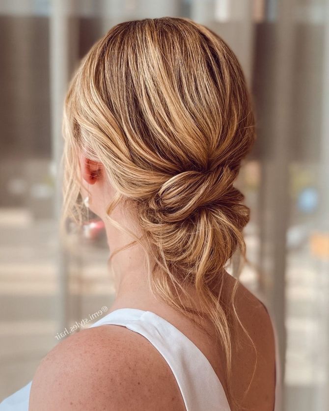 40 Beautiful Updo Hairstyles For 2022 : Effortless Blonde Messy Knot Low Bun Regarding Low Chignon Updo (View 7 of 28)