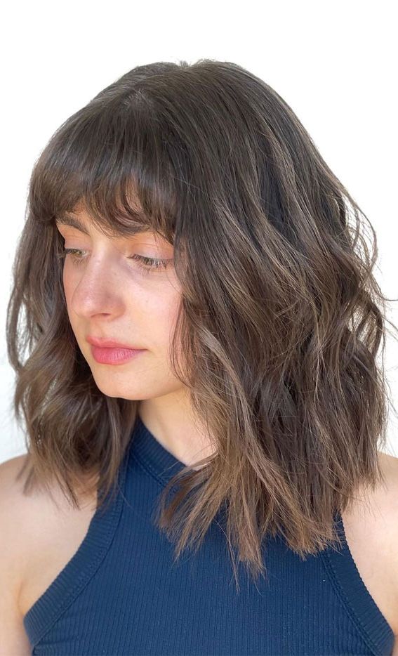 40 Trendy Lob Haircuts & Hairstyles In 2022 : Lob With Fringe + Waves With Recent Wavy Lob With Choppy Bangs (Photo 10 of 18)