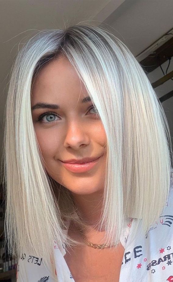 40 Trendy Lob Haircuts & Hairstyles In 2022 : Pearly Platinum Blonde  Balayage Lob Regarding Current Choppy Lob With Balayage Highlights (View 11 of 18)