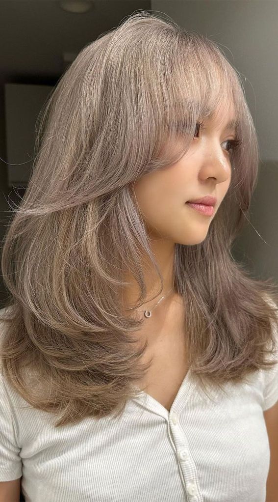 50 Chic And Versatile Medium Layered Haircut Ideas : White Greige Butterfly  Layers For Most Current Medium Hair With Bangs And Butterfly Layers (View 17 of 18)