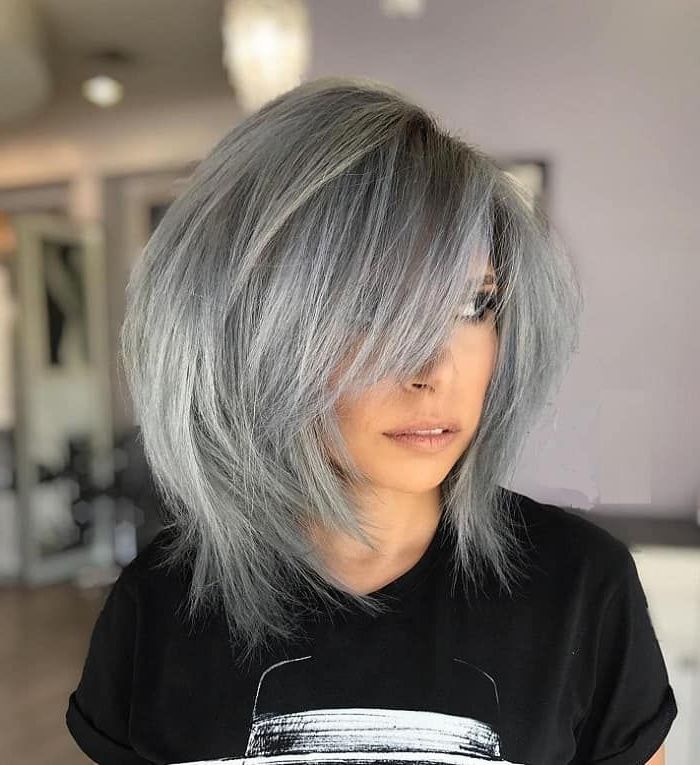 50 Effortless Long Bobs With Side Bangs | Angled Hair, Side Bangs  Hairstyles, Grey Hair With Bangs With Regard To Most Recently Smooth Long Bob With Asymmetrical Bangs (View 4 of 18)