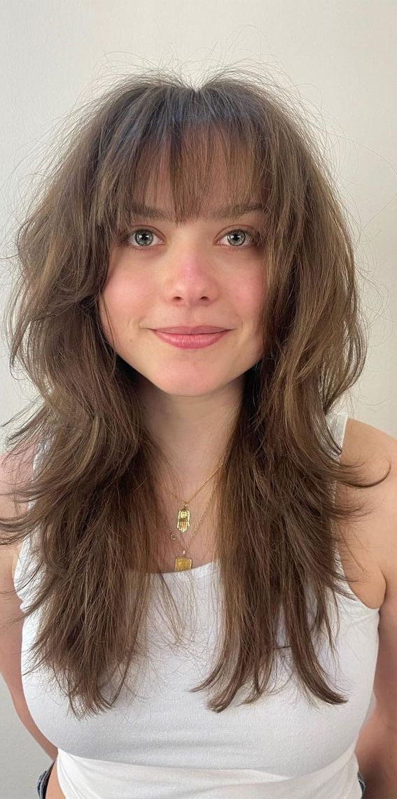 50 Shag Haircuts With Bangs : Long Layered Shag With Wispy Bangs Throughout Current Long Bangs And Shaggy Lengths (View 12 of 18)
