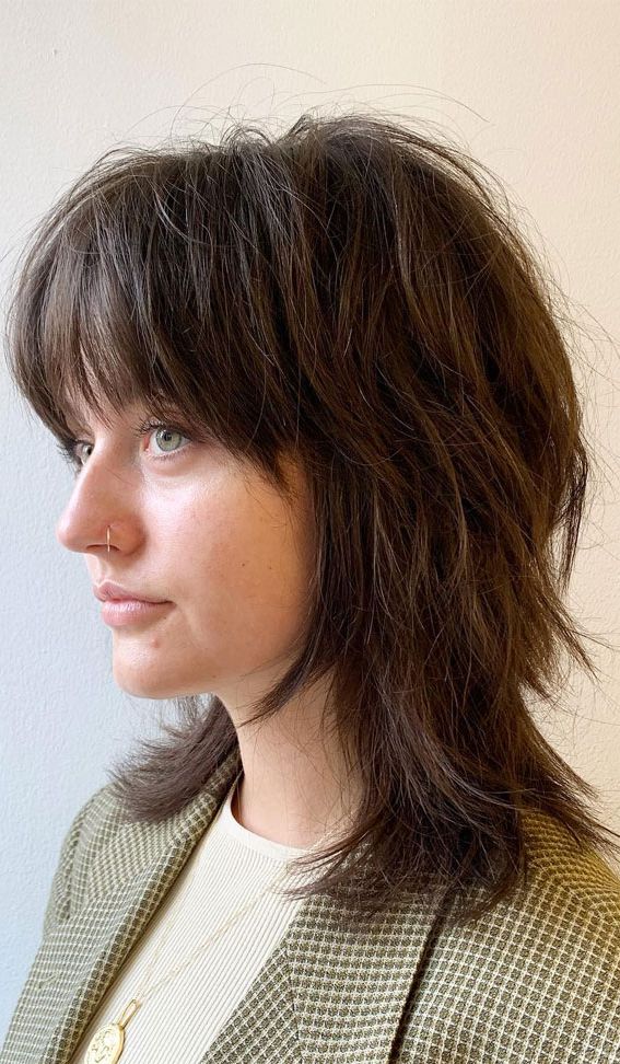 50 Shag Haircuts With Bangs : Mid Length Messy Shag With Recent Long Bangs And Shaggy Lengths (View 17 of 18)