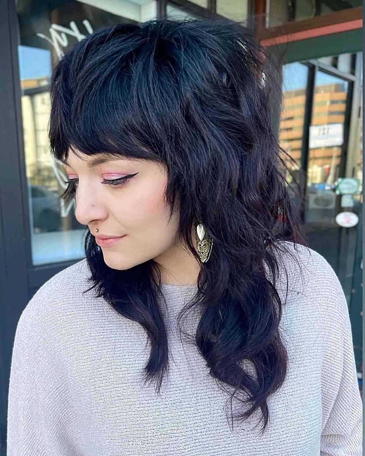 90 Chic Medium Shag Haircuts With Bangs For An On Trend Style Regarding Current Medium Shaggy Black Hair With Bangs (View 3 of 18)