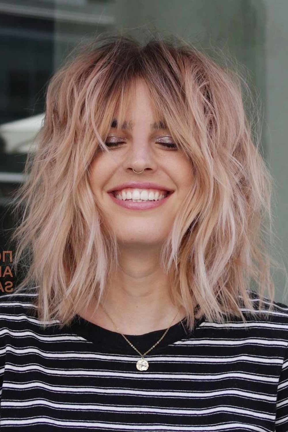94 Stylish Medium Length Layered Haircuts For 2023 Inside Most Current Tousled Shoulder Length Layered Hair With Bangs (Photo 11 of 18)