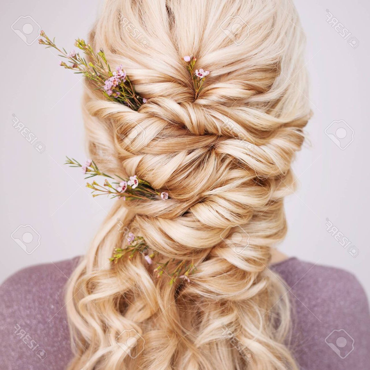Back View Of An Elegant Trendy Hairstyle, Interlacing Curls And Decorating  With Flower Petals. Beautiful And Well Groomed Blonde Hair Stock Photo,  Picture And Royalty Free Image. Image  (View 7 of 10)