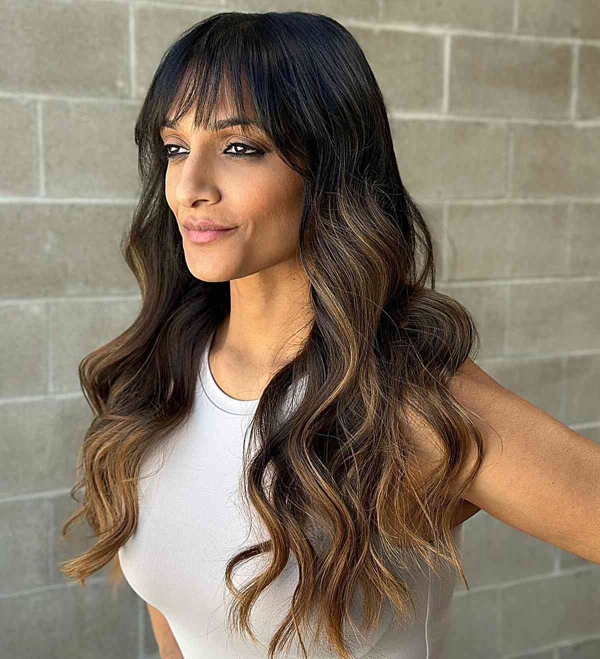 Balayage With Bangs: 25 Coolest Ways To Get Hand Painted Hair Colors With A  Fringe Inside Most Recent Highlighted Hair With Side Bangs (Photo 7 of 18)