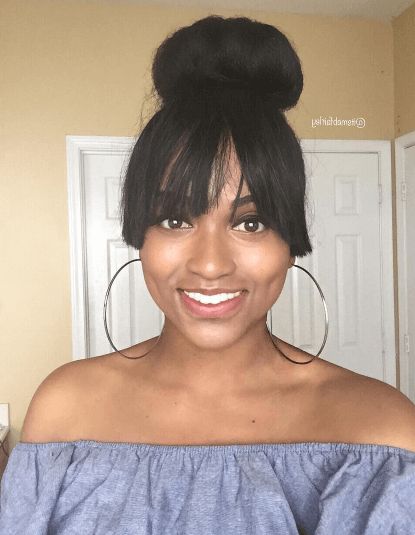 Black Hairstyles With Fringes: Instagram's Best With Regard To High Bun With A Side Fringe (View 22 of 25)