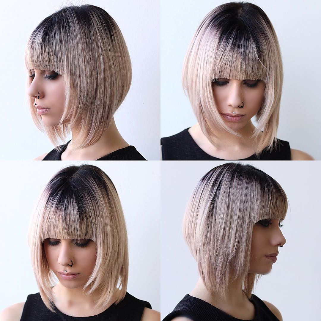 Blonde Razor Cut Angled Bob With Full Blunt Bangs And Black Shadow Root –  The Latest Hairstyles For Men And Women (2020) – Hairstyleology Pertaining To Recent Blonde Razored Lob With Full Bangs (Photo 1 of 18)