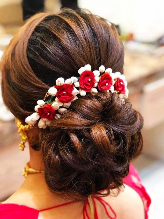 Bridal Hairstyles For Long Hair For Indian Brides Inside Low Flower Bun For Long Hair (View 9 of 25)