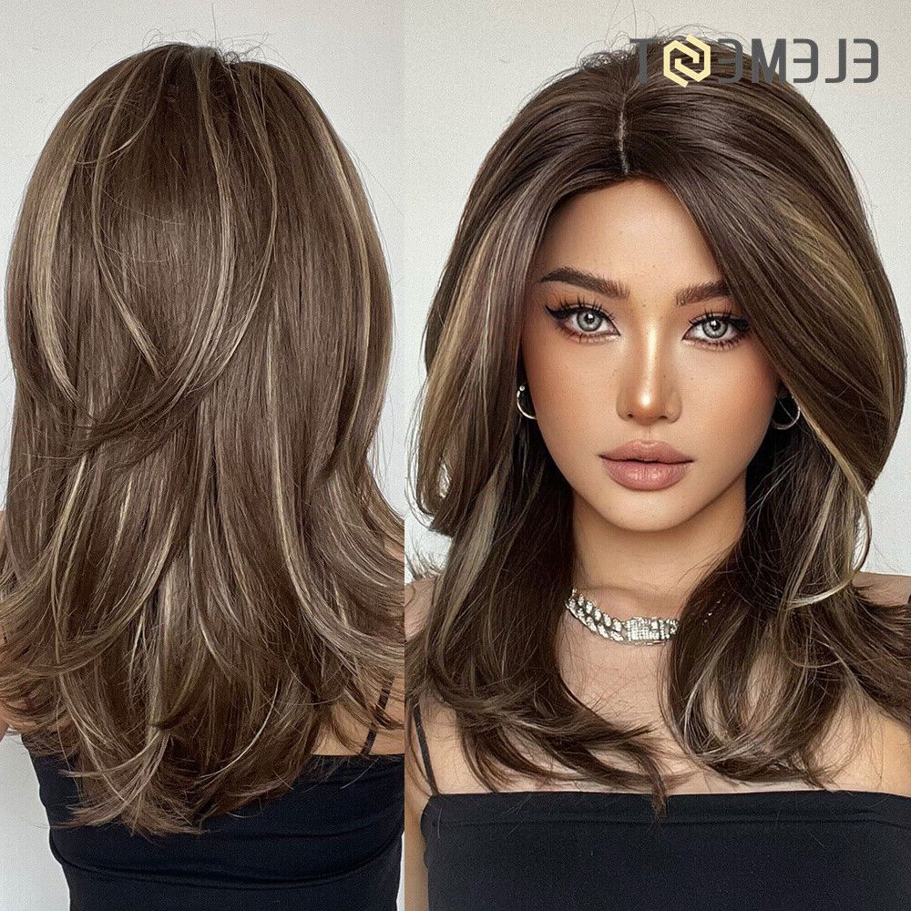 Element Soft Hair Wigs With Side Bangs For Women Coffee Brown With  Highlights | Ebay Inside Latest Highlighted Hair With Side Bangs (View 18 of 18)