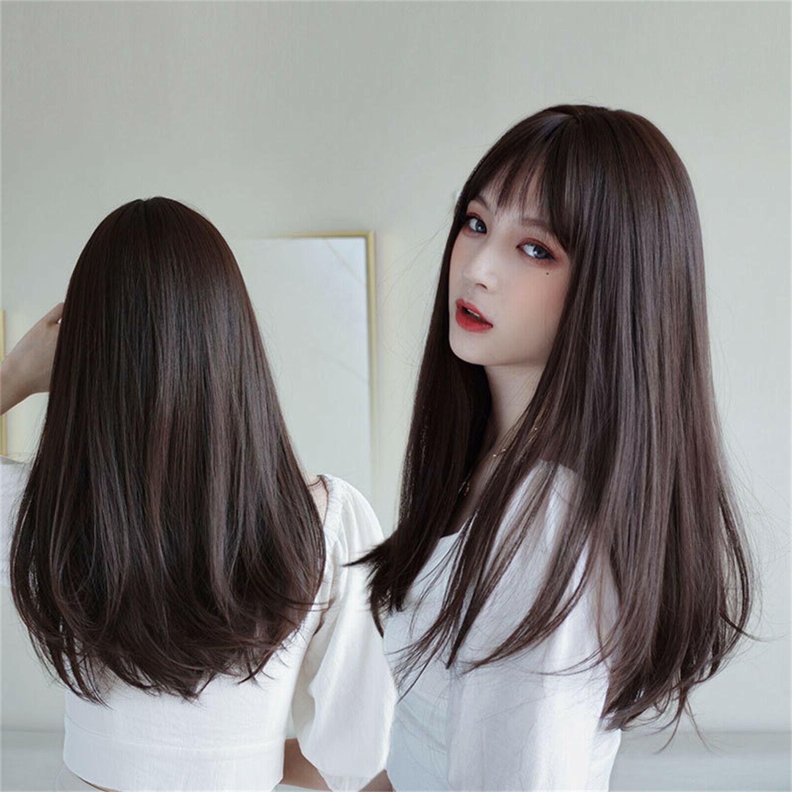 Female Natural Mid Length Hair With Bangs Long Straight Hair Full Headgear  Wig | Ebay Inside 2018 Straight Medium Length Hair With Bangs (Photo 10 of 18)