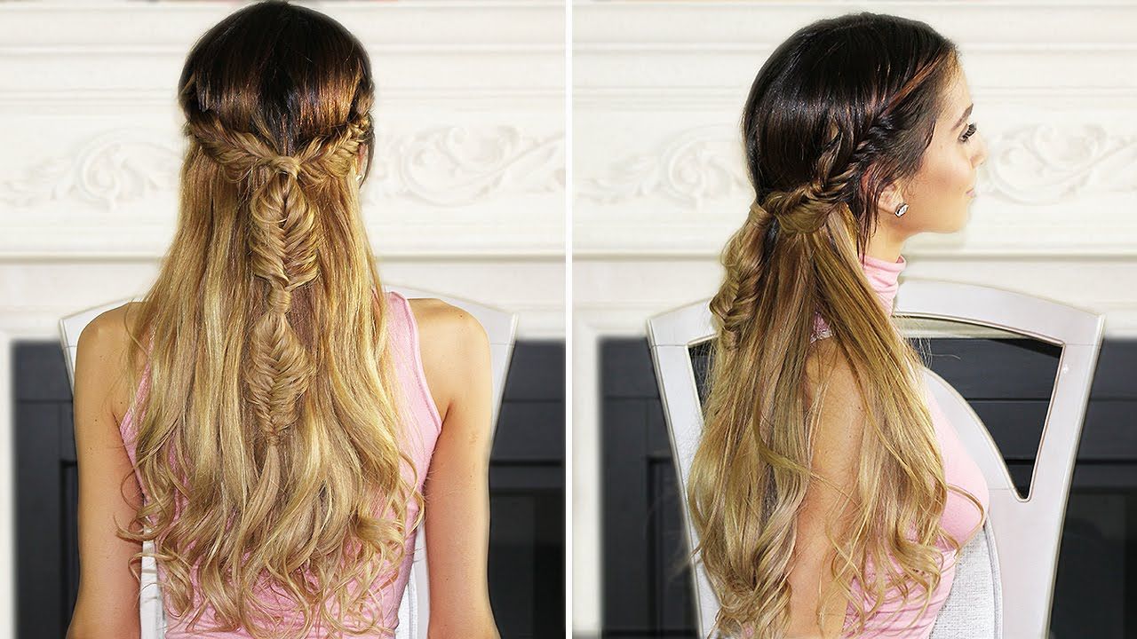Half Up Half Down Boho Fishtail Braid – Youtube With Boho Updo With Fishtail Braids (View 6 of 25)