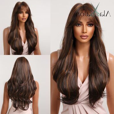 Long Water Wave Synthetic Wigs With Side Bangs Mixed Black Brown Highlights  | Ebay With Regard To Current Highlighted Hair With Side Bangs (View 8 of 18)