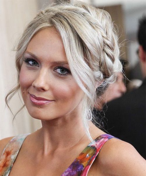 Melissa Ordway Long Curly Light Champagne Blonde Braided Updo Hairstyle |  Short Hair Updo, Braided Hairstyles Updo, Blonde Hair Color Within Braided Updo For Blondes (View 8 of 25)