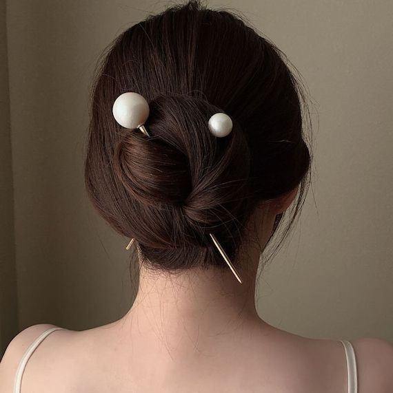 Metal Pearl Simple Daily Hair Pin Hair Accessories Updo Bun – Etsy Israel Inside Bun Updo With Accessories For Thick Hair (Photo 12 of 25)