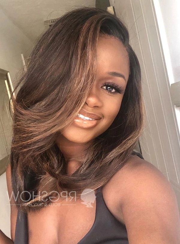 Side Part Bouffant Bangs Caramel Brown Highlights Lace Front Wig –  Papachichi003 For Most Popular Highlighted Hair With Side Bangs (Photo 11 of 18)