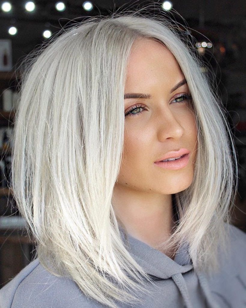 Soft Layered Platinum Lob With Messy Blowout Straight Texture And Center  Part |hairstyleology | Medium Inside Straight Layered Lob (Photo 12 of 25)
