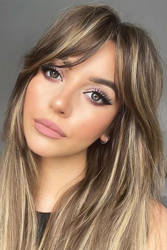 Trendy Hairstyles & Haircuts With Bangs – Brunette With Blonde Highlights &  Bangs With Most Popular Highlighted Hair With Side Bangs (View 3 of 18)