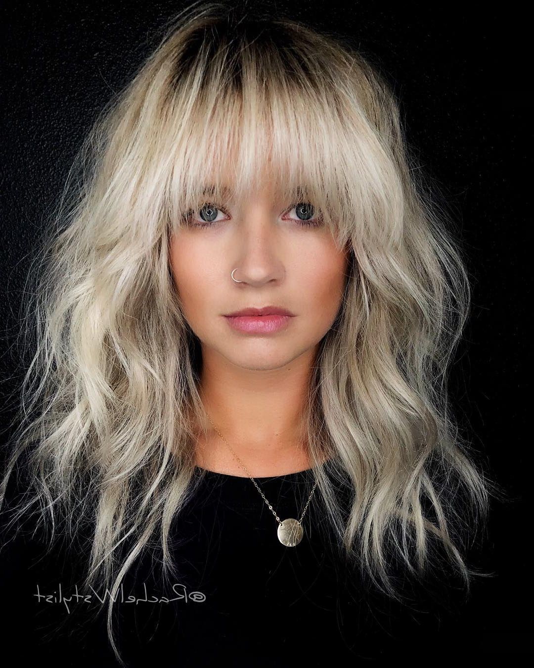 Voluminous Blonde Layered Lob With Face Framing Fringe And Messy Wavy  Texture – The Latest Hairstyles For Men And Women (2020) – Hairstyleology With Regard To Latest Tousled Shoulder Length Layered Hair With Bangs (View 17 of 18)
