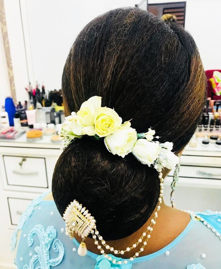 What A Beautiful Large Low Bun With Real Flower Gajra & Juda Pin! Care  However Should Be Taken Before Adopting Such Hairstyles, As Due To It's  High Static Charg… With Regard To Low Flower Bun For Long Hair (View 6 of 25)